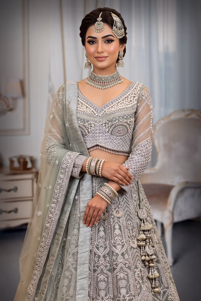 Mint Sage Heavy Pearl  Lehenga Choli Set — rent in Coimbatore
