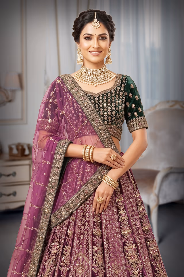 Mulberry Velvet Lehenga with Contrasting Blouse and Traditional Embroidery — rent in Bangalore