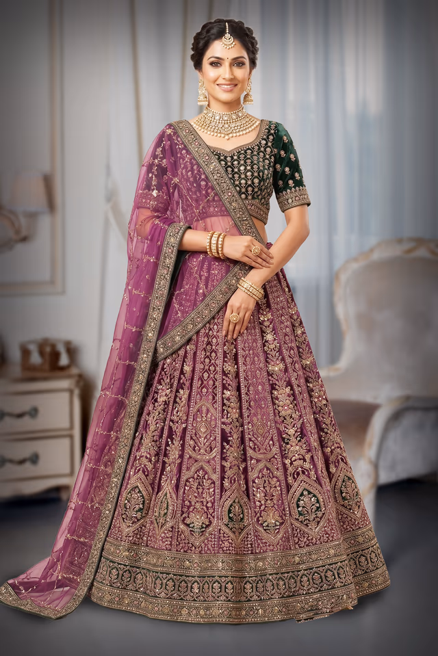 Mulberry Velvet Lehenga with Contrasting Blouse and Traditional Embroidery — back view, rent in Bangalore