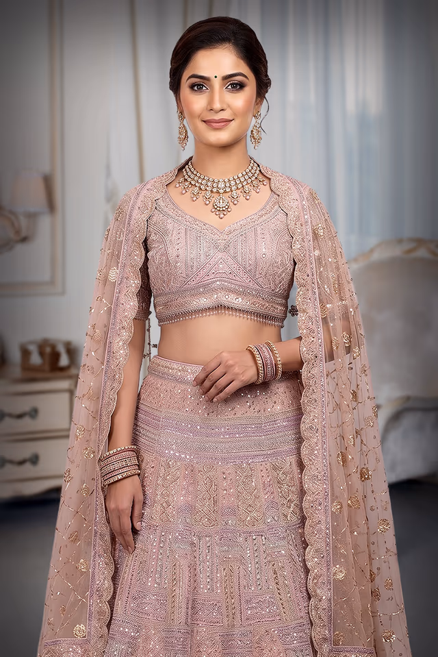 Multicolor Net Lehenga With Exquisite Threadwork And Panel Detailing Throughout The Lehenga — rent in Coimbatore