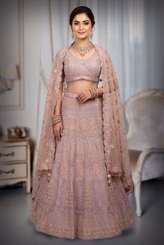 Multicolor Net Lehenga With Exquisite Threadwork And Panel Detailing Throughout The Lehenga — back view, rent in Coimbatore