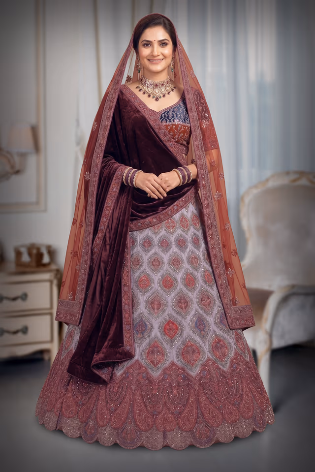 Multicolor Velvet Lehenga With Blue And Red Combination Blouse Along With Multicolor… — back view, rent in Calicut