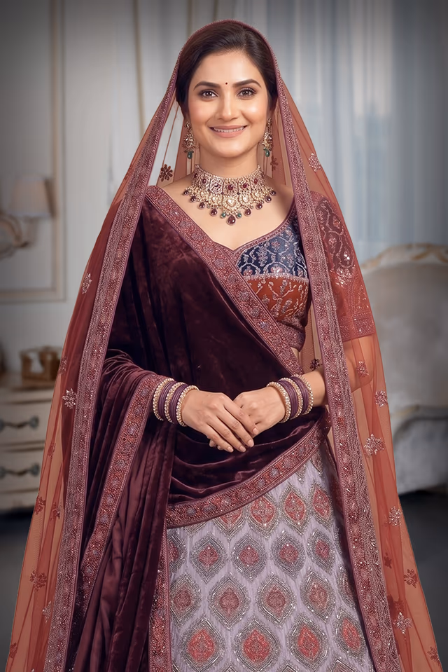 Multicolor Velvet Lehenga With Blue And Red Combination Blouse Along With Multicolor Threadworked Skirt… — rent in Calicut