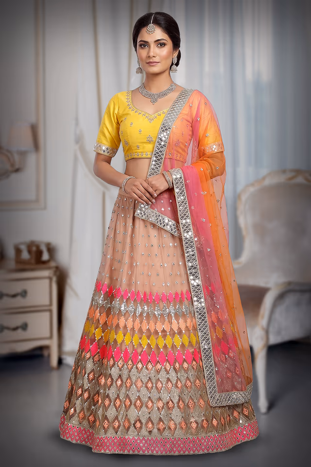 Multicolour Butterfly Net Mirror Work Lehenga — back view, rent in Coimbatore