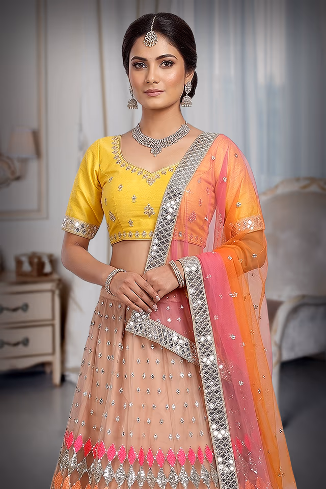 Multicolour Butterfly Net Mirror Work Lehenga — rent in Coimbatore