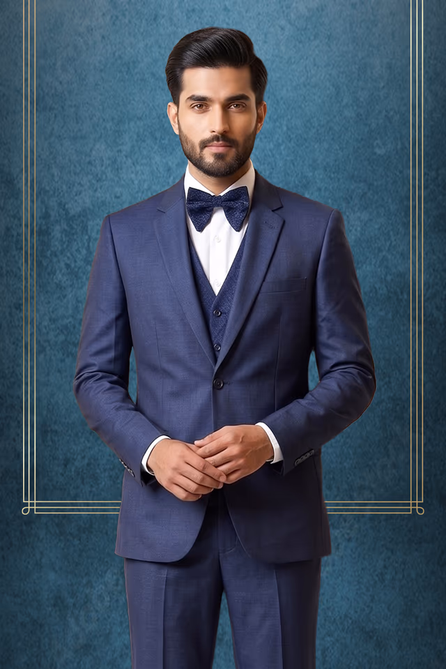 Navy Blue Classic Tuxedo Suit — back view, rent in Coimbatore