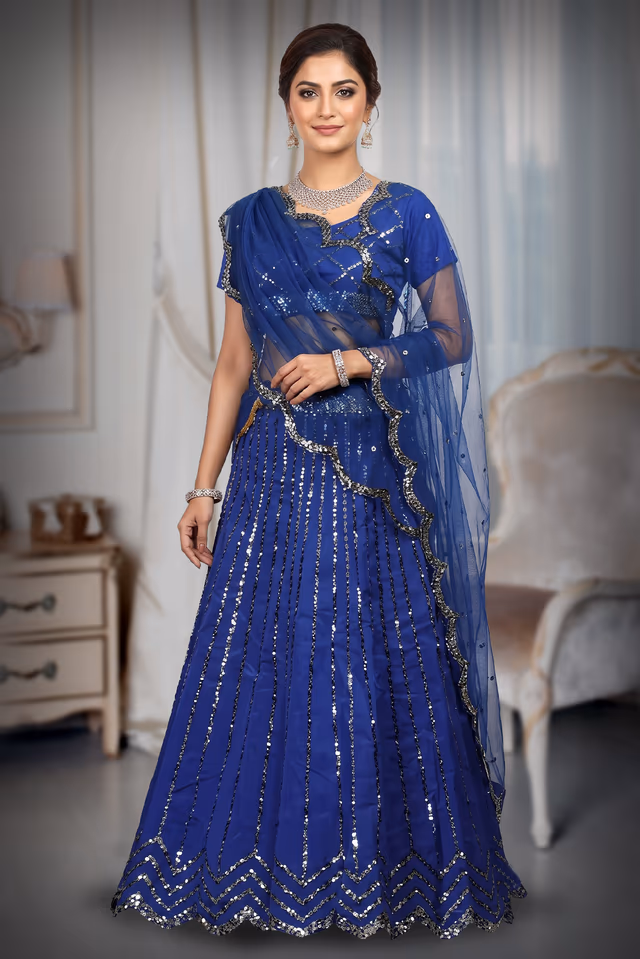 Navy Blue Faux Lehenga With Heavy Sequins And A Well Detailed Border Which Comes With A… — back view, rent in Coimbatore