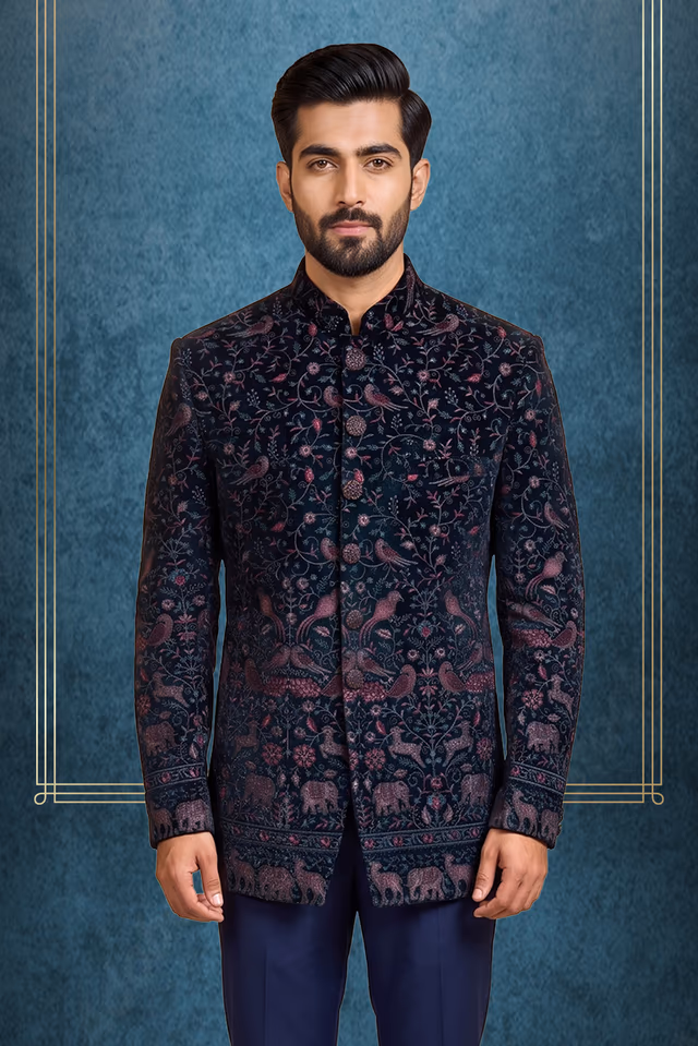 Navy Blue Floral Jacquard Jodhpuri — back view, rent in Coimbatore