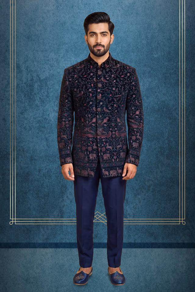 Navy Blue Floral Jacquard Jodhpuri — rent in Coimbatore