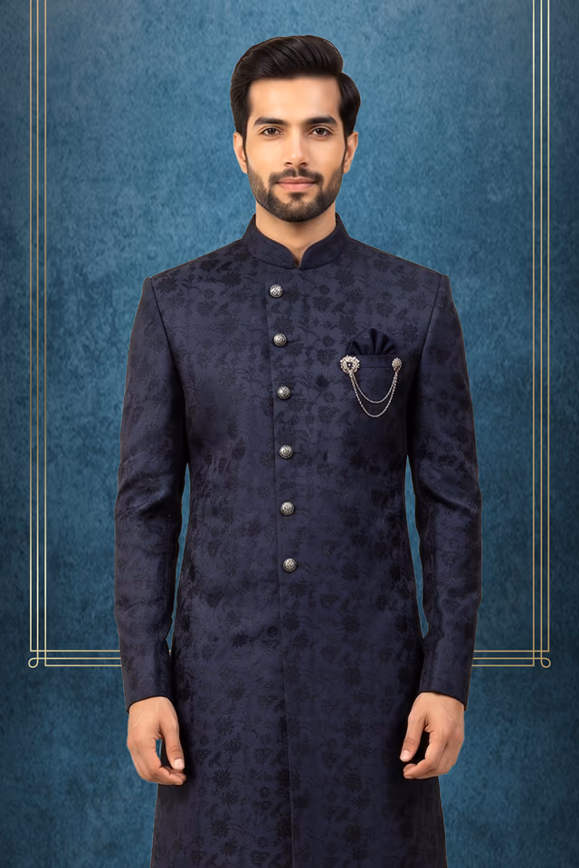 Navy Blue Floral Jacquard Sherwani With Gold Buttons — back view, rent in Calicut