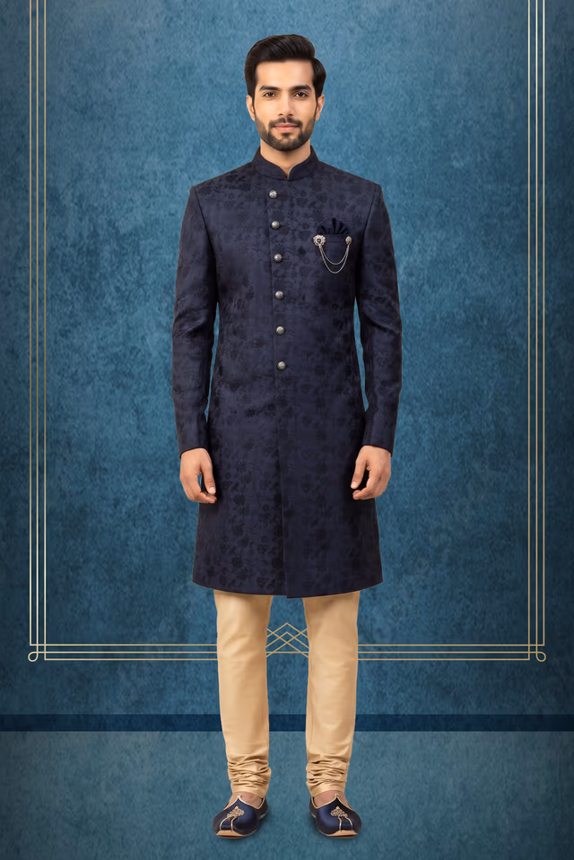 Navy Blue Floral Jacquard Sherwani With Gold Buttons — rent in Calicut