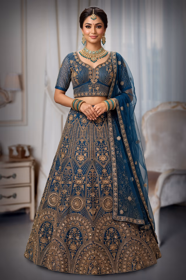 Navy Blue Gold Embroidered Bridal Lehenga — back view, rent in Coimbatore