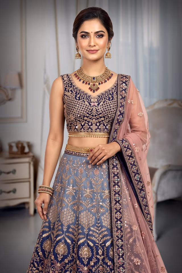 Navy Blue Heavy Thread worked Lehenga With Ombre Shade , Detailed Blouse And Minimal Dupatta — rent in Coimbatore