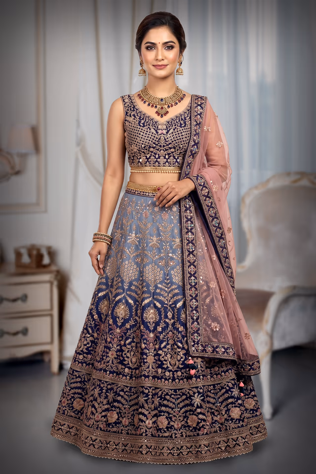 Navy Blue Heavy Thread worked Lehenga With Ombre Shade , Detailed Blouse And Minimal Dupatta — back view, rent in Coimbatore