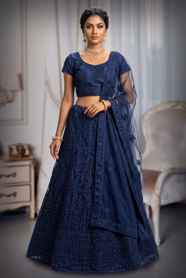 Navy Blue Intricate Embroidered Lehenga — back view, rent in Coimbatore