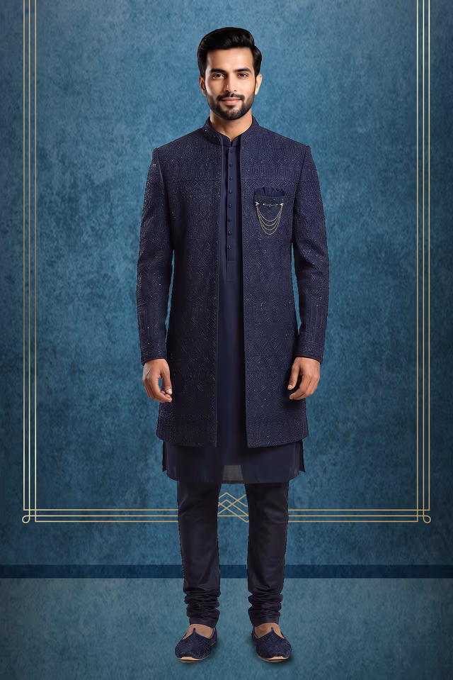 Navy Blue Jacquard Indo-Western Kurta Set with Embroidered Jacket and Churidar — rent in Coimbatore