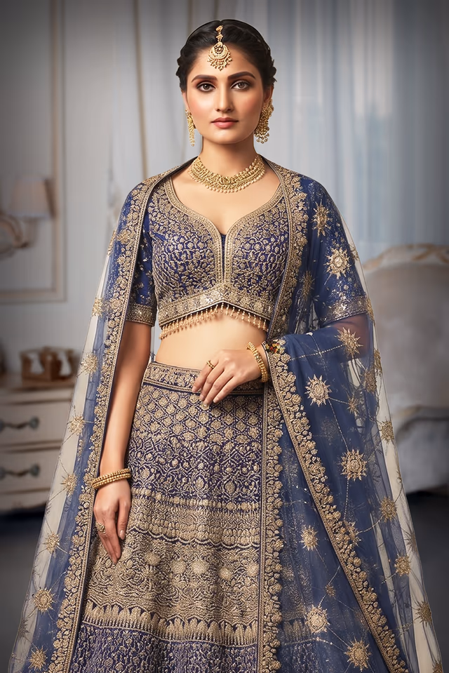 Navy blue Lehanga with intricate Golden Thread Work — rent in Kochi