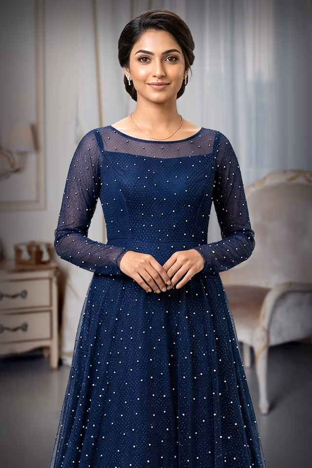 Navy Blue Net Gown with Pearl Detailing — rent in Kochi