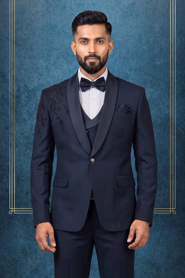 Navy Blue with Stone Embellished Tuxedo — back view, rent in Kozhikode