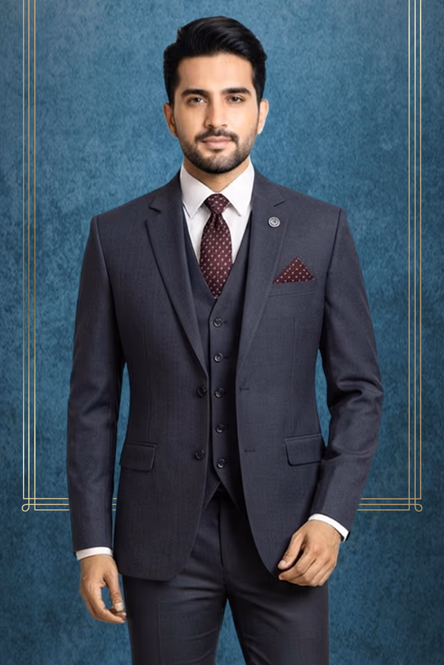 Navy Textured Suit with Brocade Waistcoat for Weddings and Formal Wear — back view, rent in Calicut