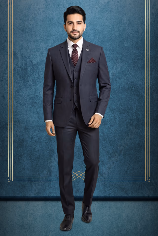 Navy Textured Suit with Brocade Waistcoat for Weddings and Formal Wear — rent in Calicut