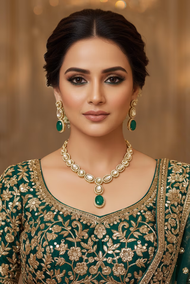 emerald-green polki pendant necklace set — rent in Calicut