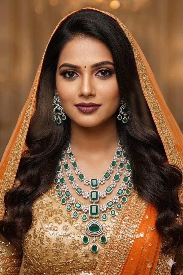 Grand Emerald Multi-Layered Stone Work Necklace Set — rent in Kochi