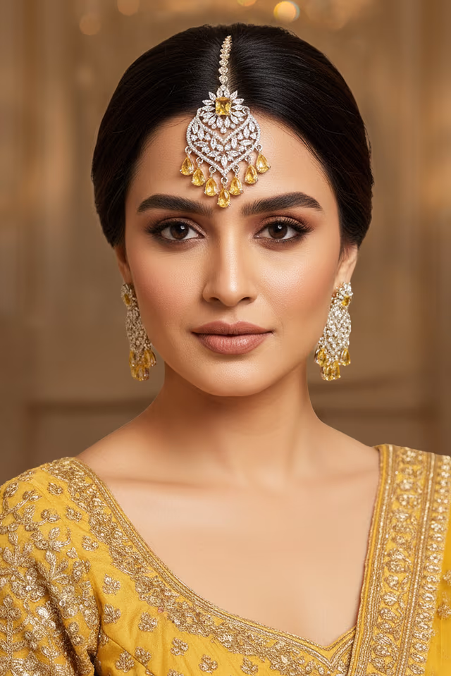 Royal Radiance Yellow Sapphire Diamond Maang Tikka — rent in Kochi
