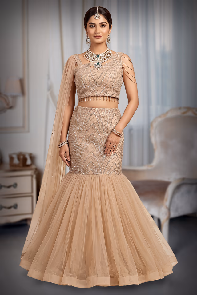 Netted Fish Cut Lehenga with Stonework Designer Wing Sleeve Blouse — back view, rent in Bangalore