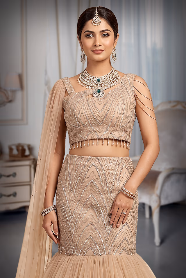 Netted Fish Cut Lehenga with Stonework Designer Wing Sleeve Blouse — rent in Bangalore