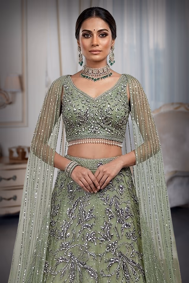 Olive Green Pre Wedding Lehenga With Net Extended Cape Sleeve — rent in Bangalore