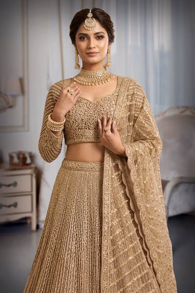 Opulent Metallic Gold Net Bridal Lehenga Set with Mirror-Work Blouse & Geometric Lattice Dupatta — rent in Kochi