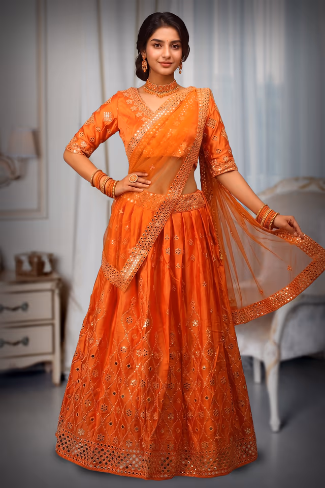 Orange Minimal Lehenga With Mirror Work Embellishment And Net Dupatta — back view, rent in Coimbatore