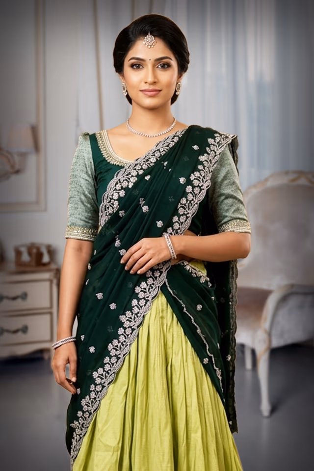 Parrot Green Half Saree with Bottle Green Handwork Blouse and Silver Embroidered — rent in Bangalore