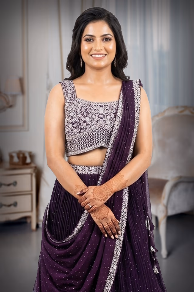 Deep Wine/Plum Pleated Georgette Lehenga with Pre-attached Drape — rent in Kochi