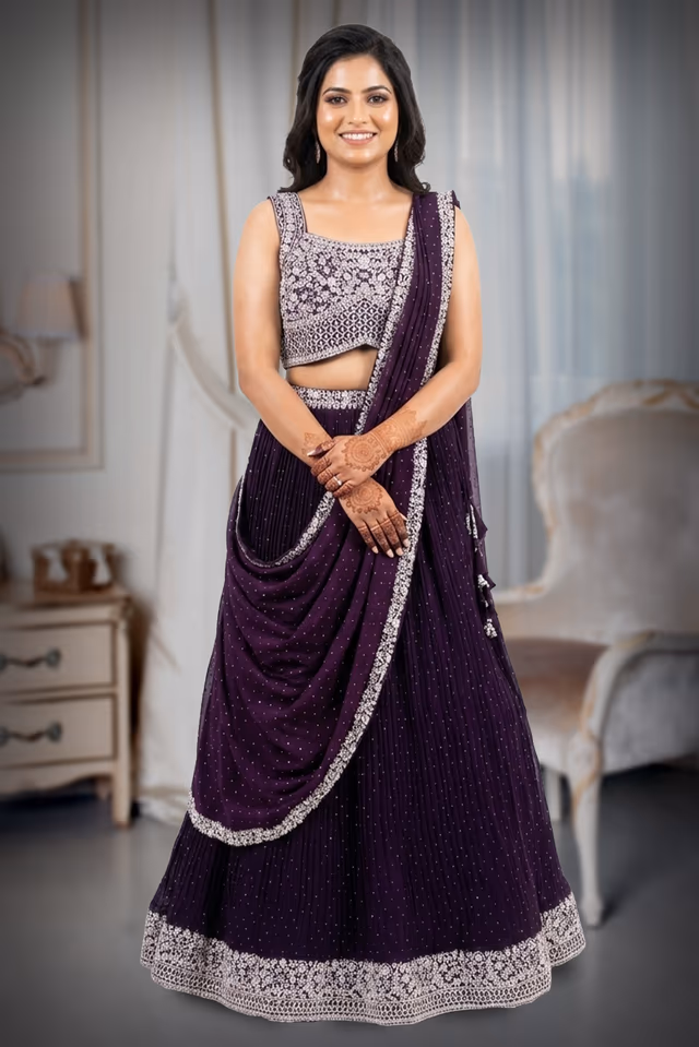 Deep Wine/Plum Pleated Georgette Lehenga with Pre-attached Drape — back view, rent in Kochi