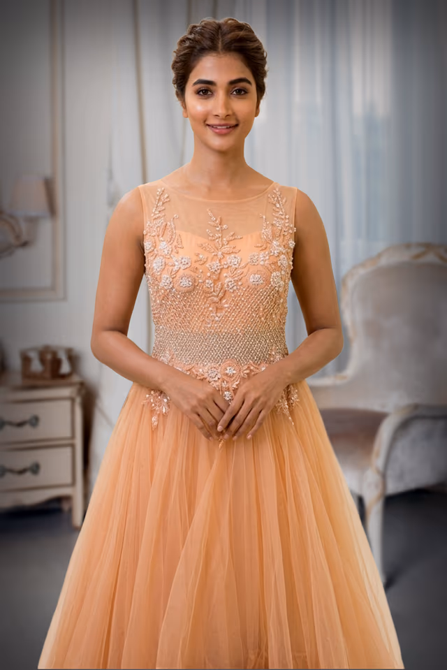 Pastel Peach Net Gown with 3D Floral Appliqué and Tiered Ruffles — rent in Kochi