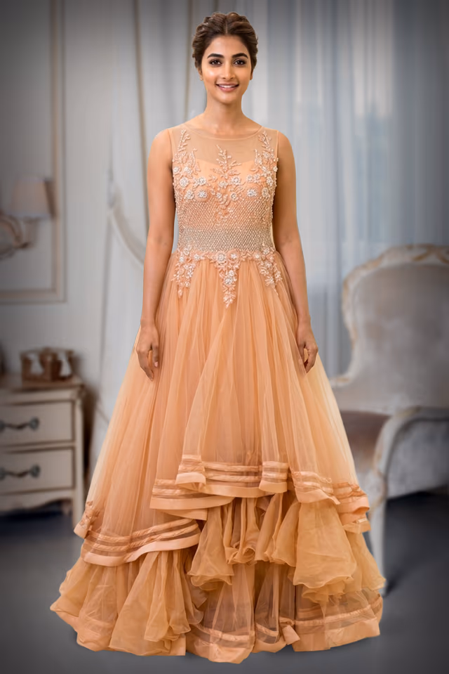 Pastel Peach Net Gown with 3D Floral Appliqué and Tiered Ruffles — back view, rent in Kochi