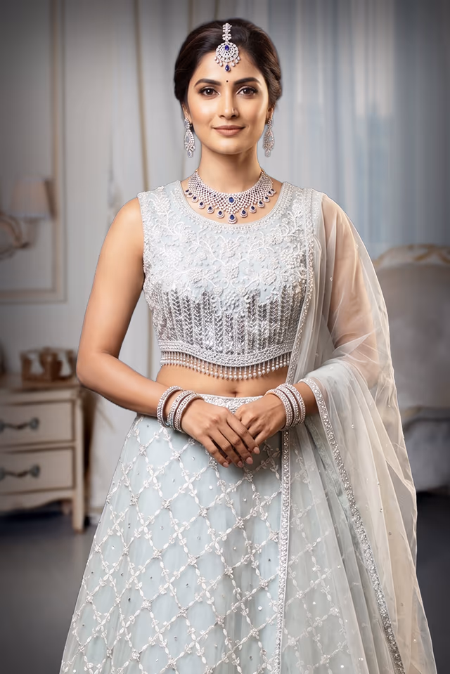 Pastel Blue Net Lehenga With Threadwork Details All Over The Skirt And Top Along With Same Color Dupatta — rent in Calicut