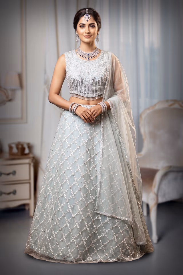 Pastel Blue Net Lehenga With Threadwork Details All Over The Skirt And Top Along With Same… — back view, rent in Calicut