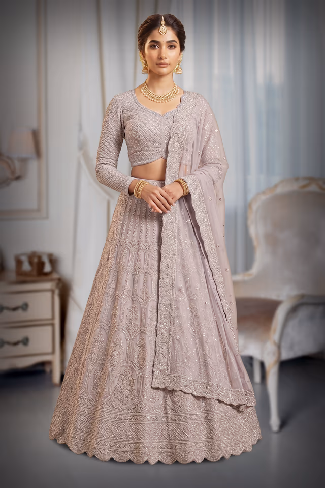 Pastel Lilac Lehenga with Threadwork, Pearl Embellishments and Cutwork Dupatta — back view, rent in Bangalore