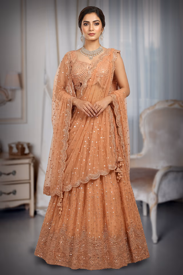 Pastel Peach Georgette  Heavy Worked Lehenga — back view, rent in Ernakulam