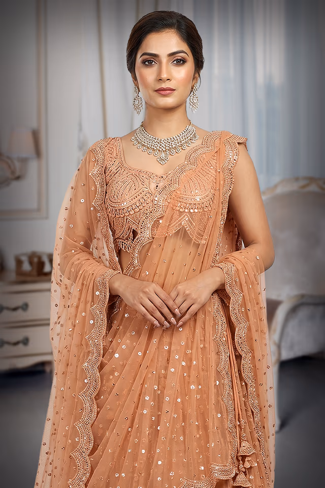 Pastel Peach Georgette  Heavy Worked Lehenga — rent in Ernakulam