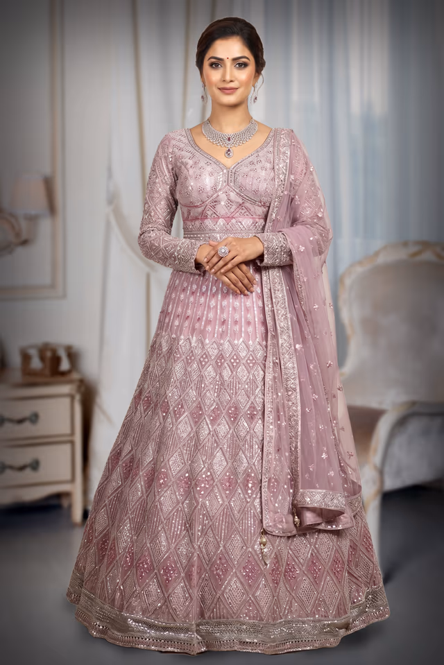 Pastel Peach Heavy Stone Worked Bridal Lehenga — back view, rent in Coimbatore