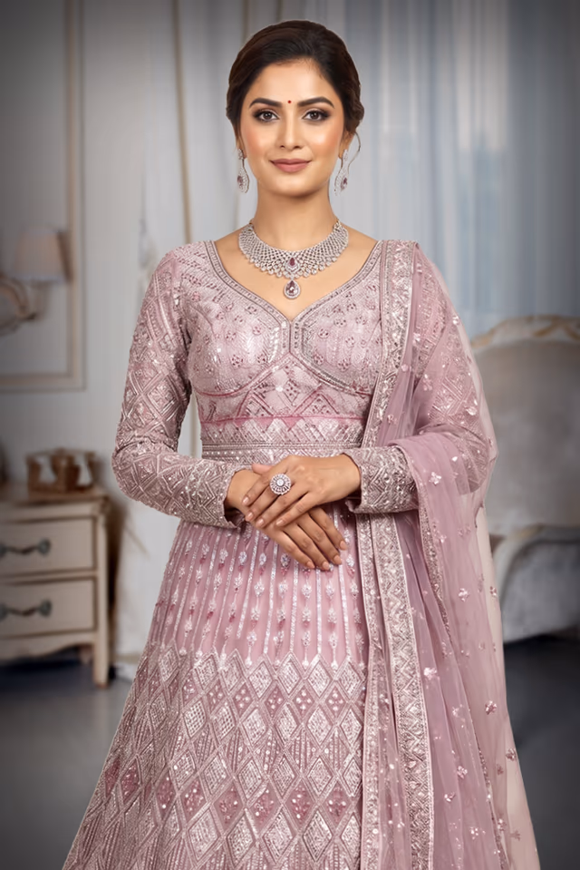 Pastel Peach Heavy Stone Worked Bridal Lehenga — rent in Coimbatore