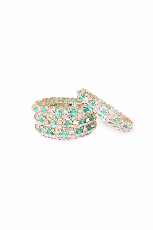 "Pastel Pink Mint Green Stone Silver Plated Designer Bridal Bangles  " — rent in Calicut