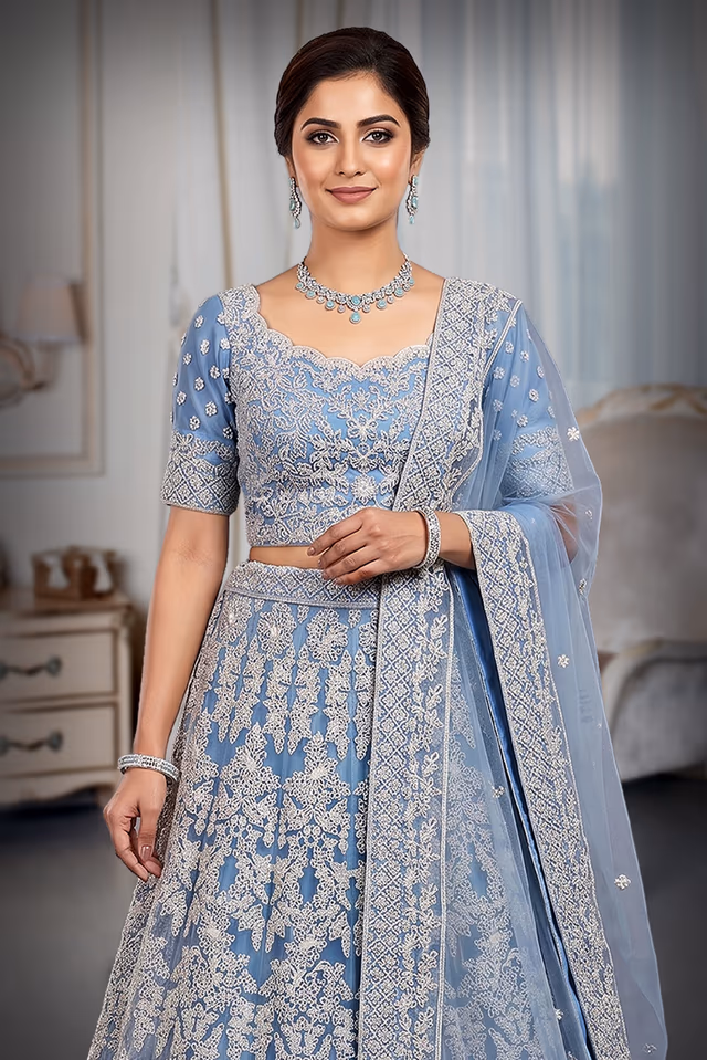 Pastel Powder Blue and White Embroidered Threadwork Lehenga Choli Set — rent in Ernakulam