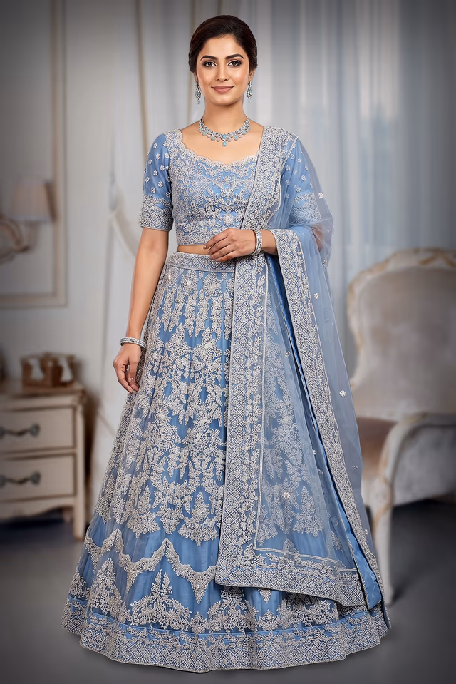 Pastel Powder Blue and White Embroidered Threadwork Lehenga Choli Set — back view, rent in Ernakulam