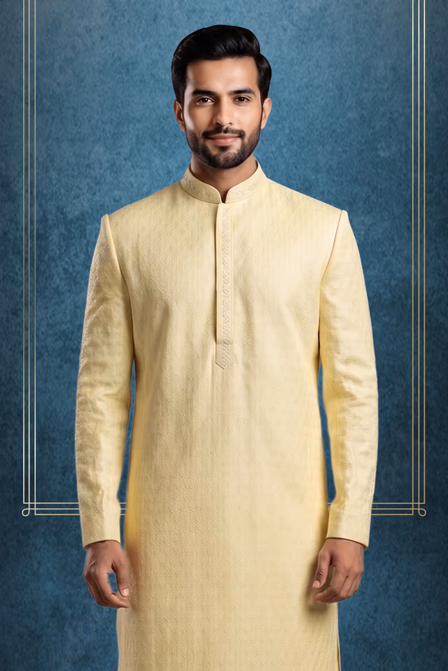 Pastel Yellow Jacquard Silk Kurta Set with Churidar Pajama — back view, rent in Coimbatore