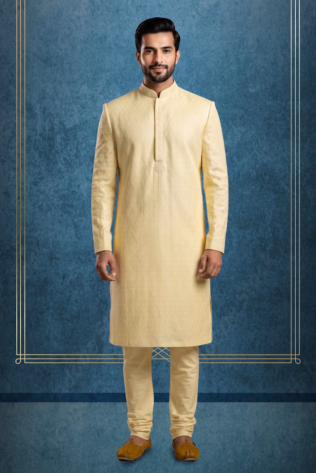 Pastel Yellow Jacquard Silk Kurta Set with Churidar Pajama — rent in Coimbatore